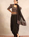 Black Embellishsed Ajrakh Blouse With Dhoti And Stole Dupatta
