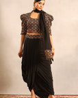 Black Embellishsed Ajrakh Blouse With Dhoti And Stole Dupatta