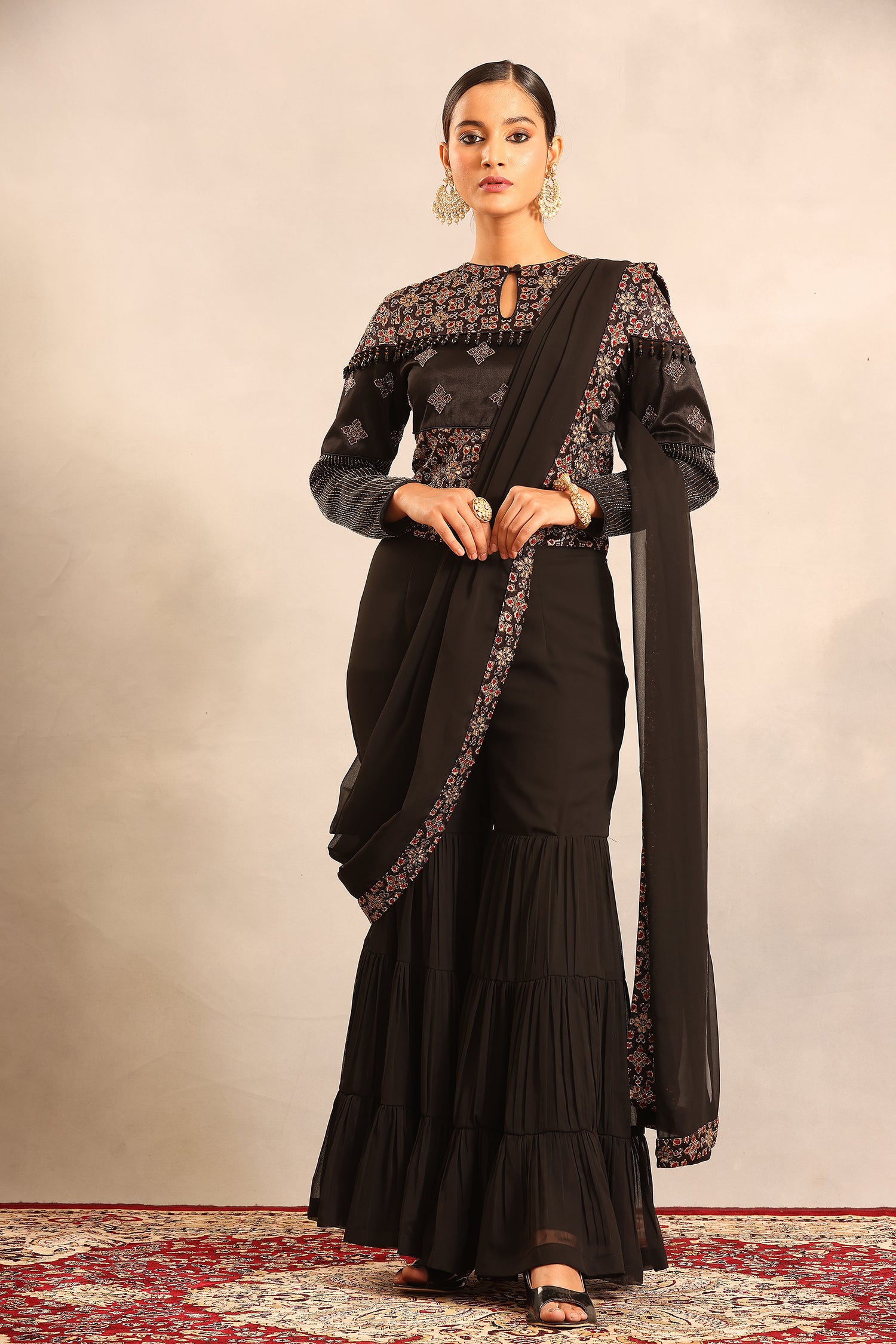 Black Ajrakh Embellished Ajrakh Blouse With Sharara And Attached Dupatta