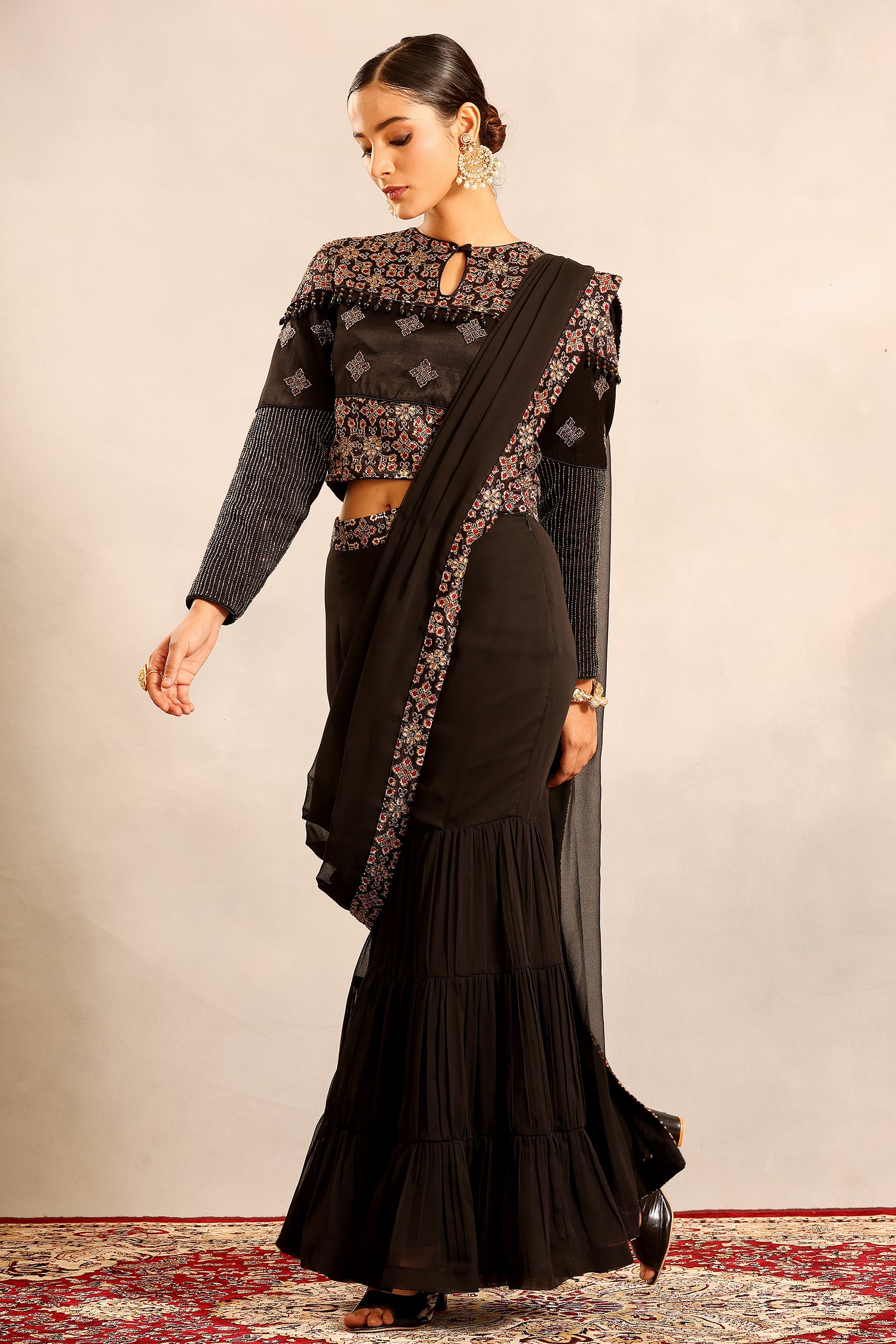 Black Ajrakh Embellished Ajrakh Blouse With Sharara And Attached Dupatta