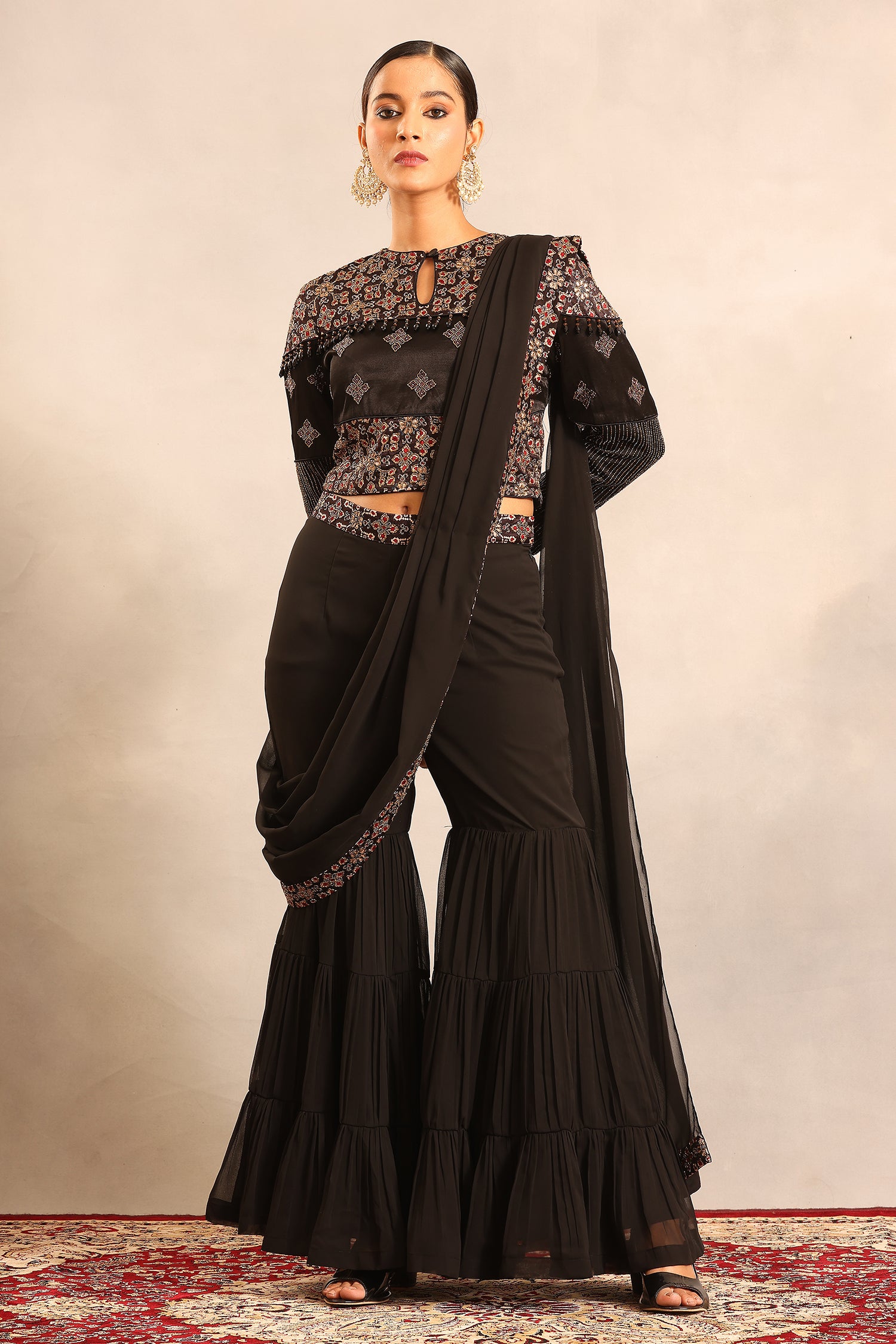 Black Ajrakh Embellished Ajrakh Blouse With Sharara And Attached Dupatta