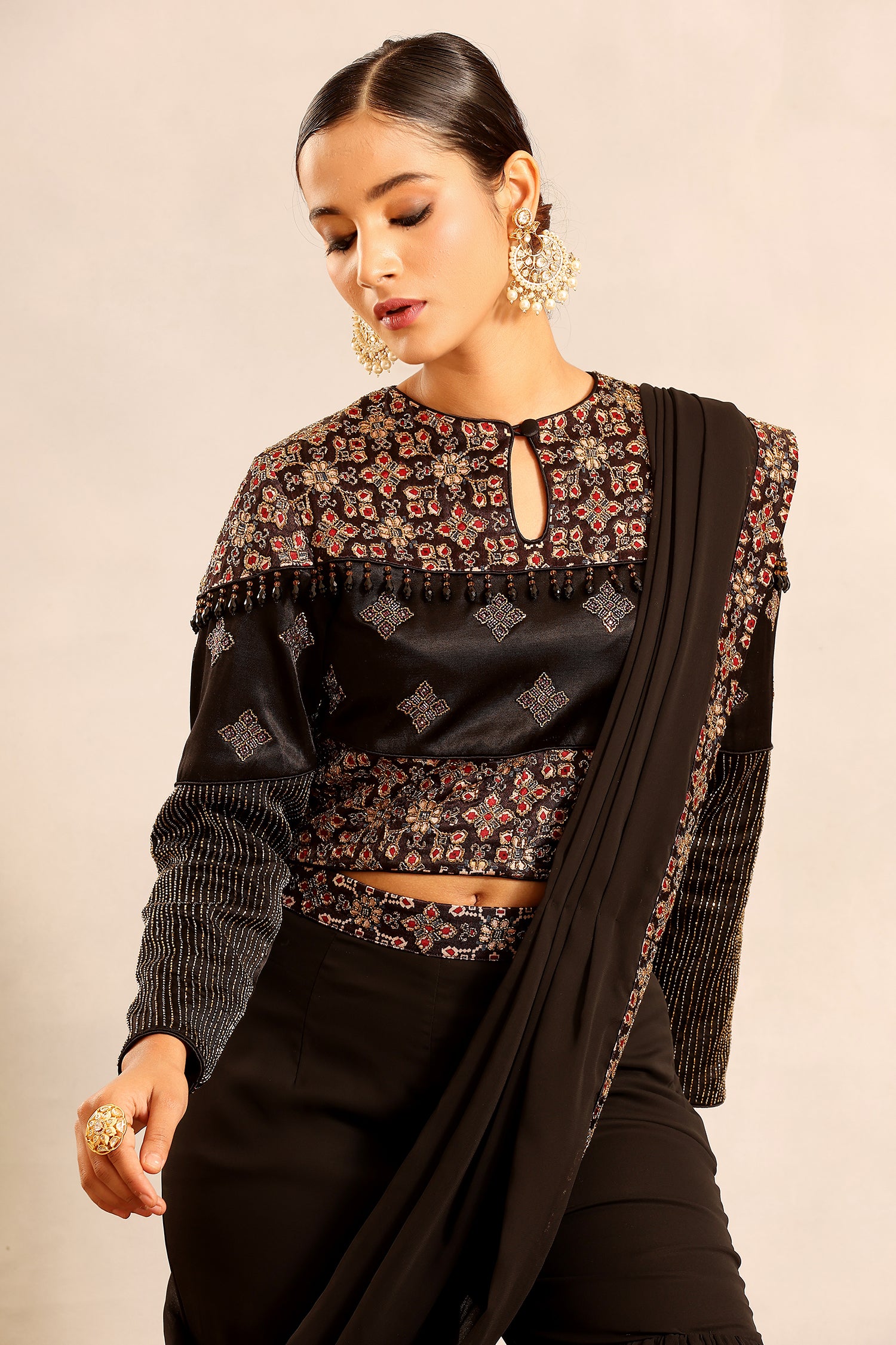 Black Ajrakh Embellished Ajrakh Blouse With Sharara And Attached Dupatta