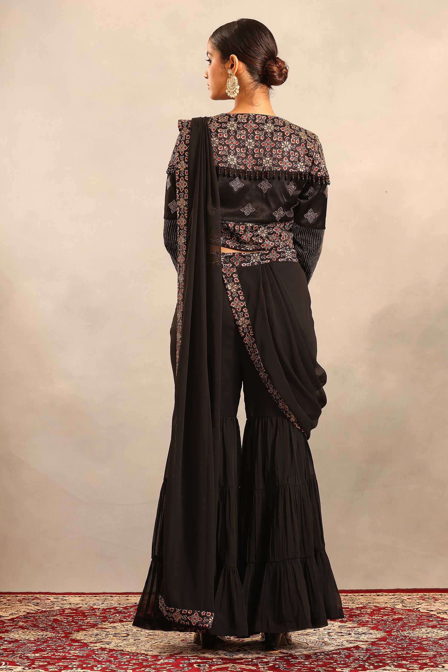 Black Ajrakh Embellished Ajrakh Blouse With Sharara And Attached Dupatta