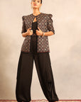 Black Side Cowl Jumpsuit With Ajrakh Embellished Jacket And Waistband