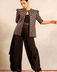 Black Side Cowl Jumpsuit With Ajrakh Embellished Jacket And Waistband