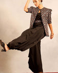 Black Side Cowl Jumpsuit With Ajrakh Embellished Jacket And Waistband