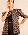 Black Side Cowl Jumpsuit With Ajrakh Embellished Jacket And Waistband