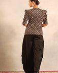 Black Side Cowl Jumpsuit With Ajrakh Embellished Jacket And Waistband