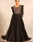 Black Embellished Ajrakh Gathred Dress