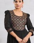 Black Embellished Ajrakh Gathred Dress