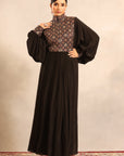 Black Ajrakh Embellished Yoke Butterfly Sleeve Gathred Dress