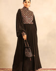 Black Ajrakh Embellished Yoke Butterfly Sleeve Gathred Dress