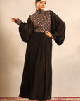 Black Ajrakh Embellished Yoke Butterfly Sleeve Gathred Dress