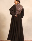 Black Ajrakh Embellished Yoke Butterfly Sleeve Gathred Dress