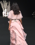 Peachy Pink Ajrakh Embroidered Blouse Paired Up With Dhoti And Ruffled Dupatta