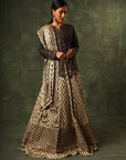 Black Ajrakh Jacket And Ivory Lehenga With Ivory Ajrakh Dupatta