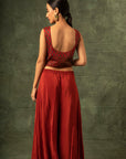 Red Ajrakh Blouse And Double Layered Flare Pants With Cape Dupatta