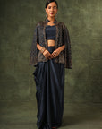 Blue Ajrakh Cape Jacket With Blouse And Drape Dhoti