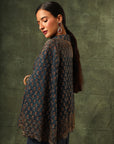 Blue Ajrakh Cape Jacket With Blouse And Drape Dhoti