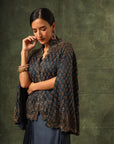 Blue Ajrakh Cape Jacket With Blouse And Drape Dhoti