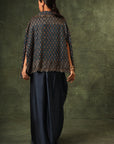 Blue Ajrakh Cape Jacket With Blouse And Drape Dhoti