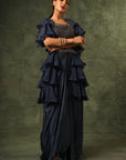 Blue Ajrakh Blouse And Layered Jacket With Embroiderd Waisrband And Drape Dhoti