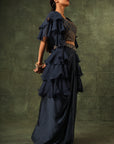 Blue Ajrakh Blouse And Layered Jacket With Embroiderd Waisrband And Drape Dhoti