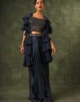 Blue Ajrakh Blouse And Layered Jacket With Embroiderd Waisrband And Drape Dhoti