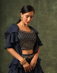 Blue Ajrakh Blouse And Layered Jacket With Embroiderd Waisrband And Drape Dhoti