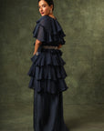 Blue Ajrakh Blouse And Layered Jacket With Embroiderd Waisrband And Drape Dhoti