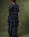 Blue Ajrakh Blouse And Layered Jacket With Embroiderd Waisrband And Drape Dhoti
