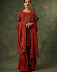 Red Ajrakh Gathered Kurta And Sharara With Ajrakh Dupatta