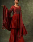 Red Ajrakh Gathered Kurta And Sharara With Ajrakh Dupatta
