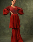 Red Ajrakh Gathered Kurta And Sharara With Ajrakh Dupatta