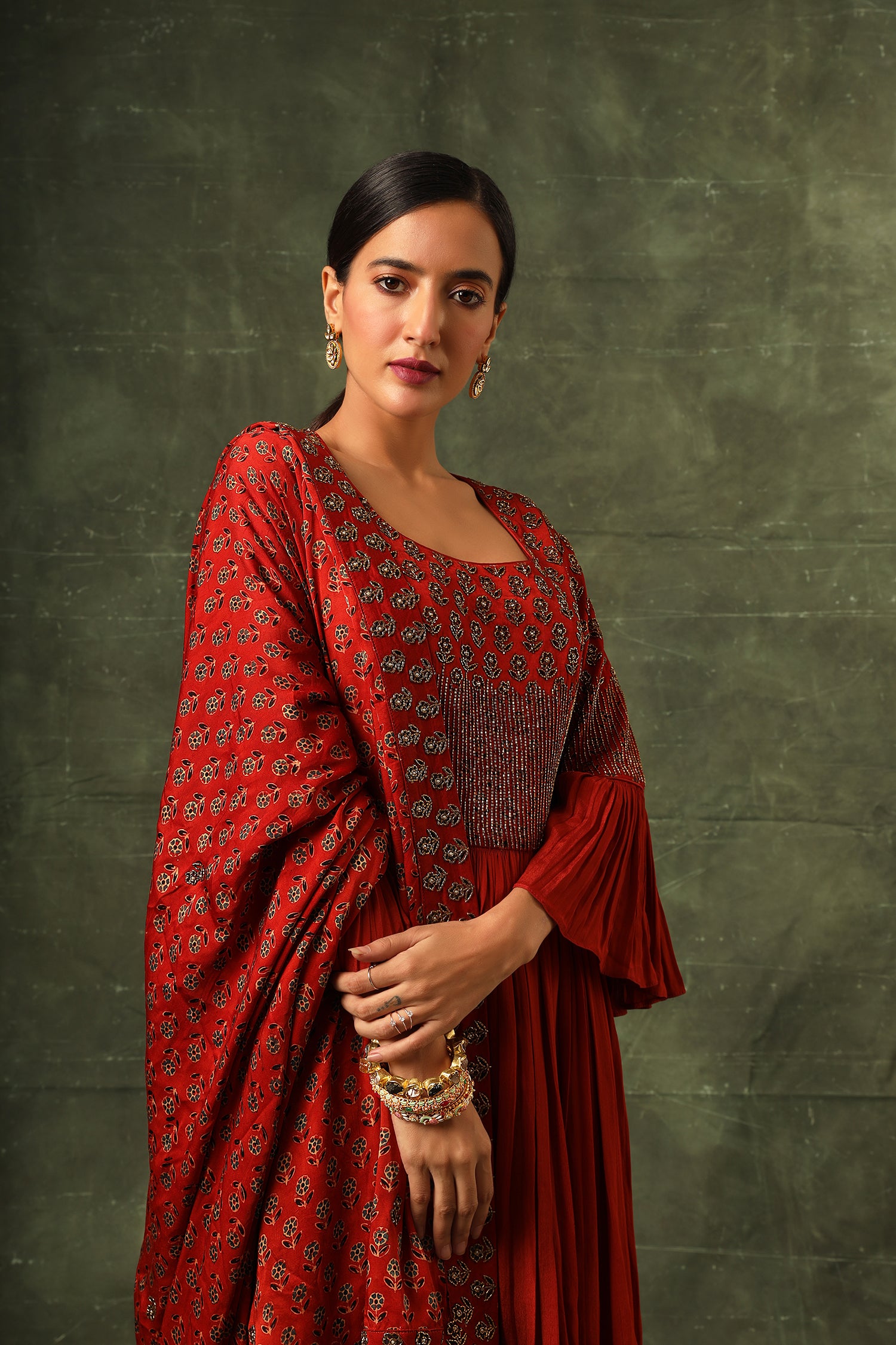 Red Ajrakh Gathered Kurta And Sharara With Ajrakh Dupatta