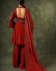 Red Ajrakh Gathered Kurta And Sharara With Ajrakh Dupatta