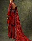 Red Ajrakh Gathered Kurta And Sharara With Ajrakh Dupatta