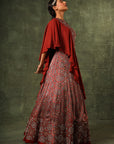 Red Ajrakh Blouse And Lehenga With Ruffled Dupatta
