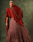 Red Ajrakh Blouse And Lehenga With Ruffled Dupatta