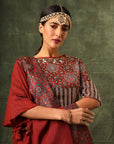 Red Ajrakh Blouse And Lehenga With Ruffled Dupatta