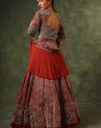 Red Ajrakh Blouse And Lehenga With Ruffled Dupatta