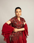 Luscious Maroon Jacket With Drape Skirt Styled Up With The Ruffled Dupatta