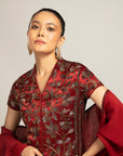Luscious Maroon Jacket With Drape Skirt Styled Up With The Ruffled Dupatta
