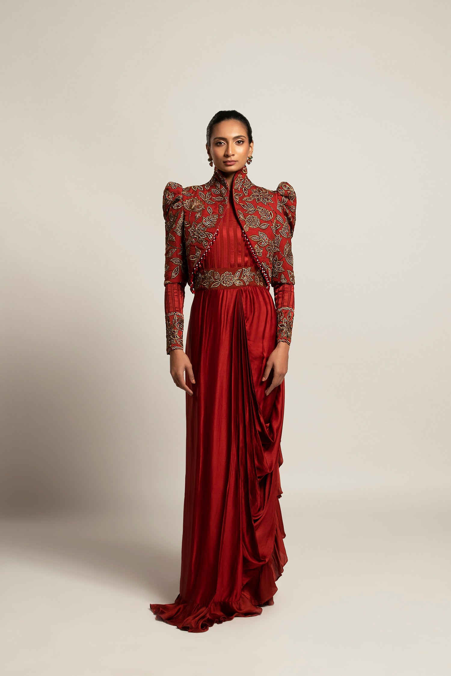 Elysian Maroon Draped Gown Saree With Short Jacket