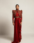 Elysian Maroon Draped Gown Saree With Short Jacket