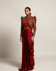 Elysian Maroon Draped Gown Saree With Short Jacket