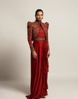 Elysian Maroon Draped Gown Saree With Short Jacket
