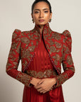 Elysian Maroon Draped Gown Saree With Short Jacket