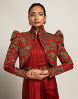Elysian Maroon Draped Gown Saree With Short Jacket