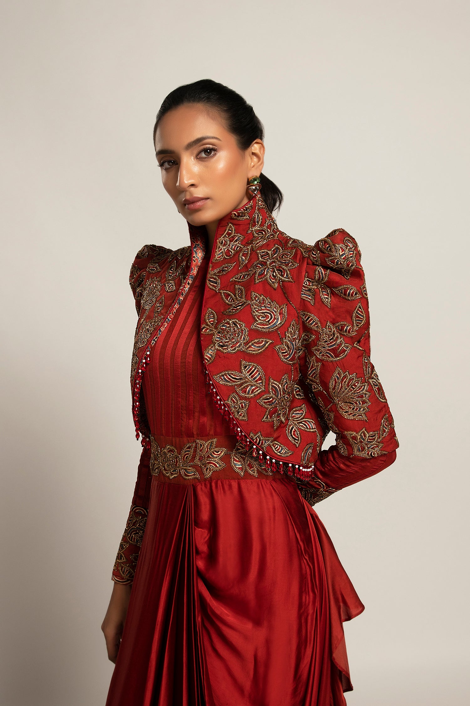 Elysian Maroon Draped Gown Saree With Short Jacket